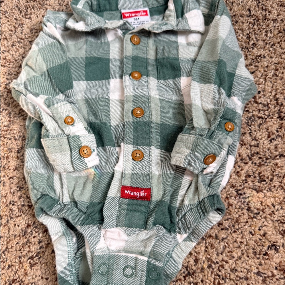 Wrangler Green and White Plaid Baby Onesie - 9 Months